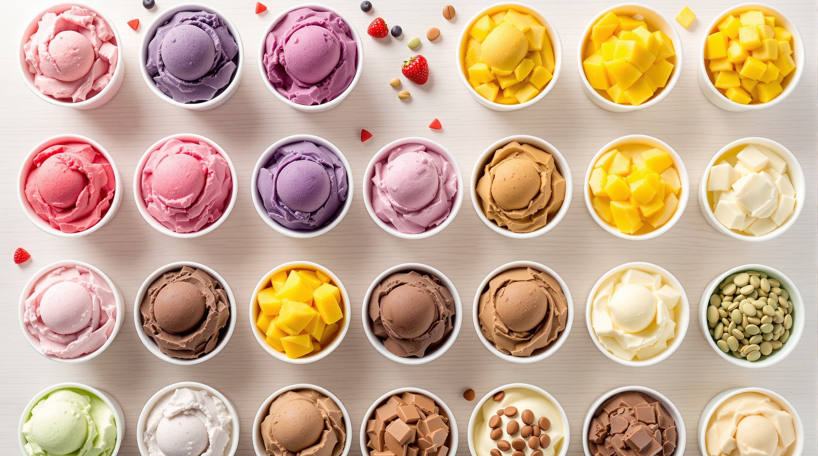 An overhead grid of small cups of frozen yogurt in many colorful flavors