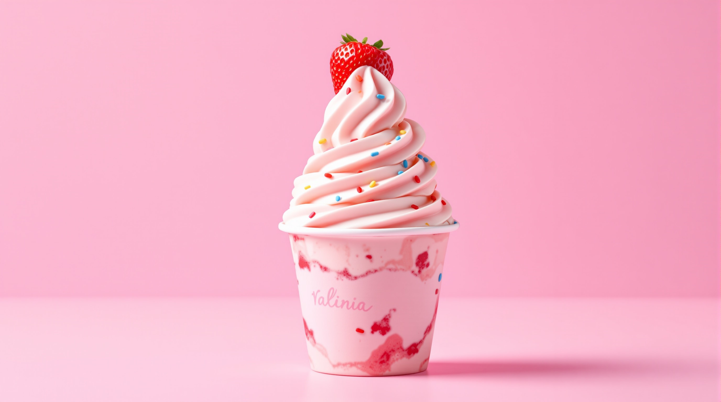 A playful cup of swirled frozen yogurt with sprinkles and a strawberry on a pink background