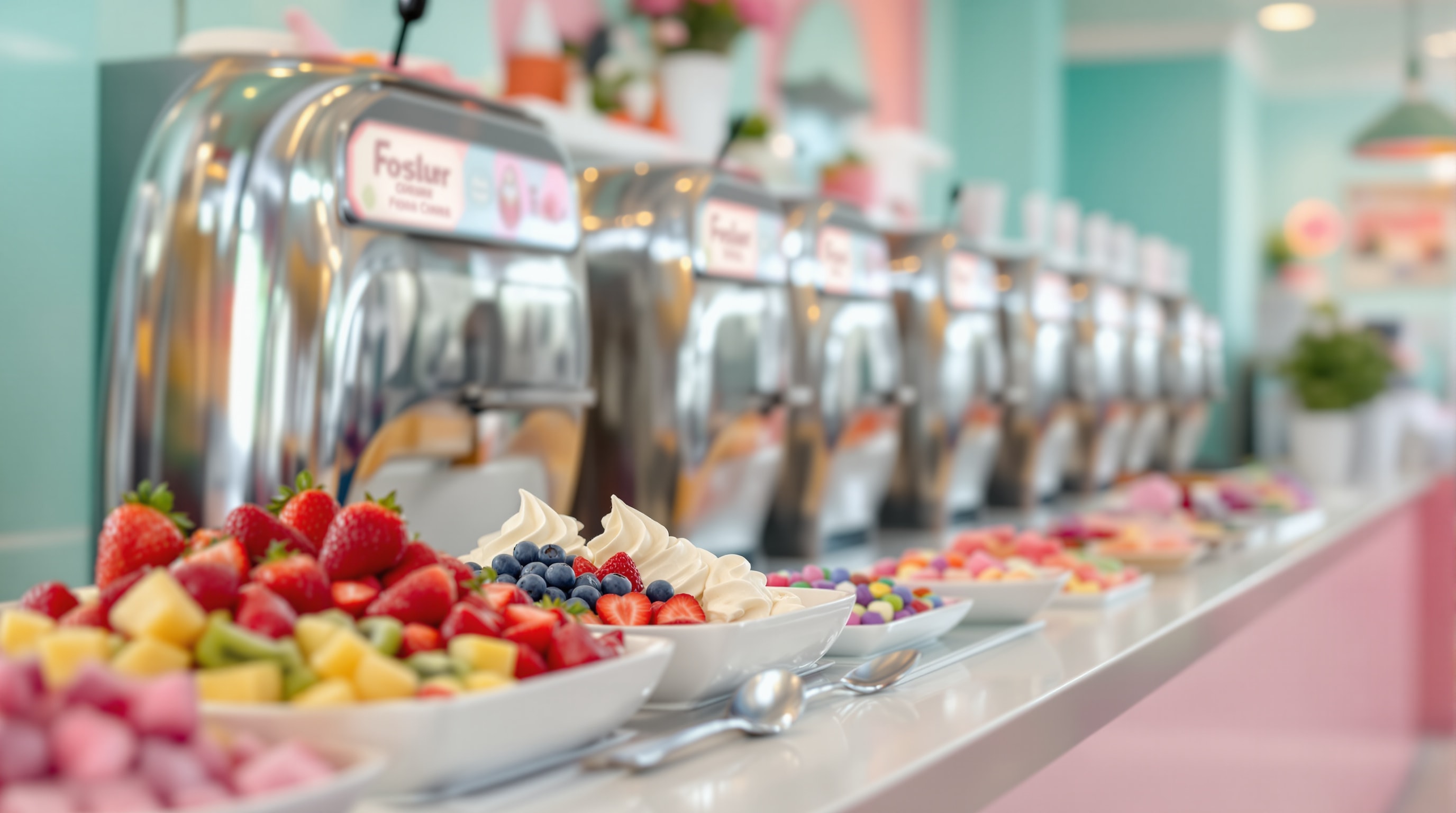 A modern self-serve frozen yogurt shop with a row of machines and a colorful toppings bar