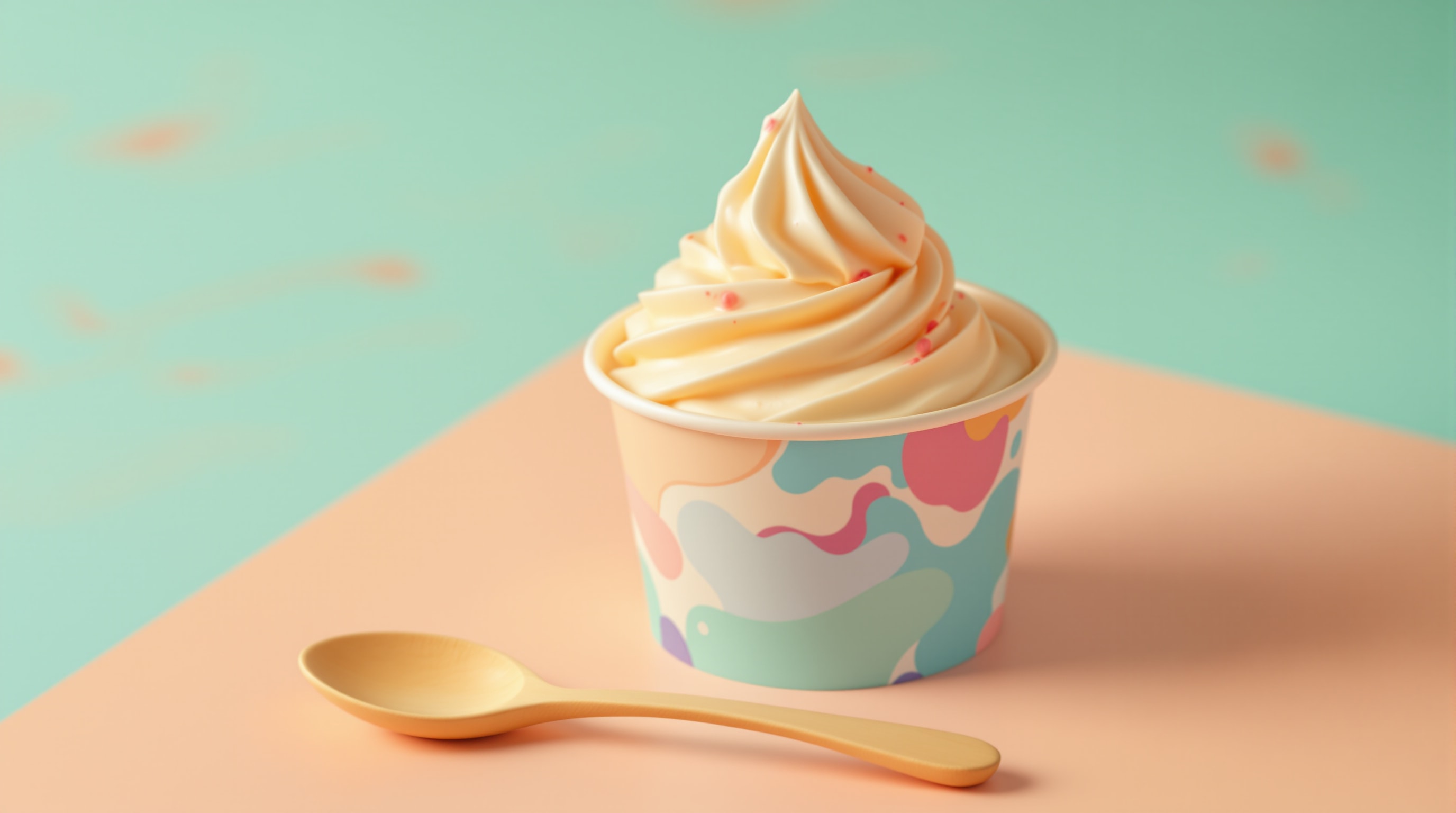 A retro paper cup of swirled frozen yogurt on a pastel background