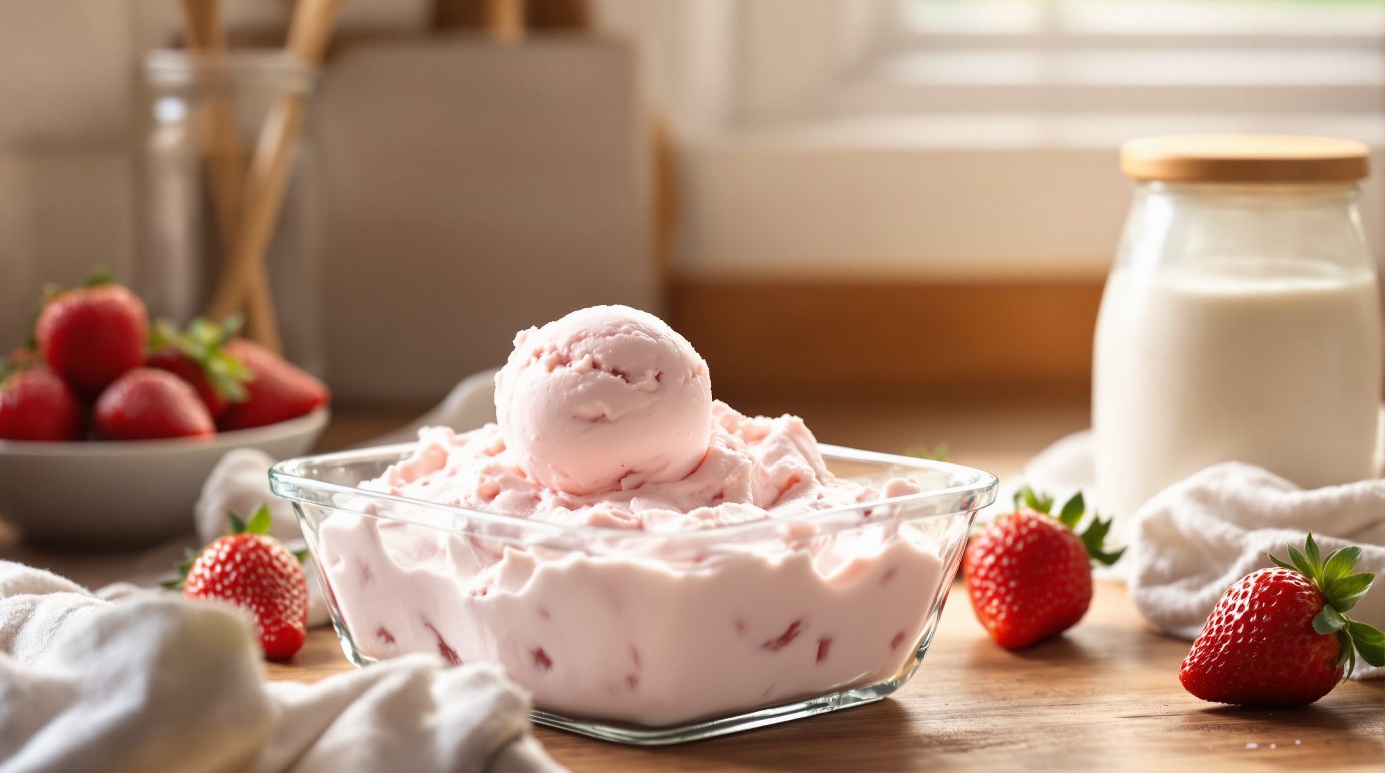 A dish of homemade strawberry frozen yogurt with a scoop lifted out on a wooden counter