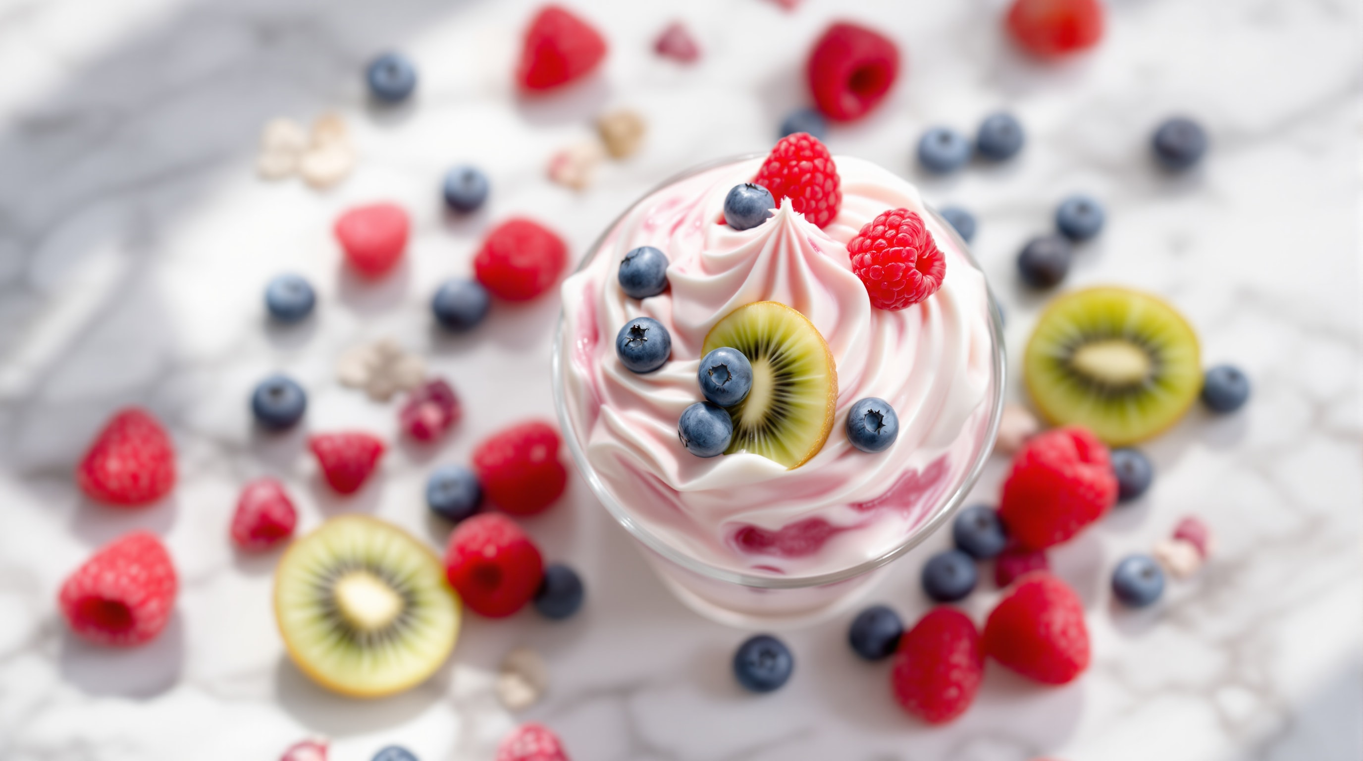 A cup of frozen yogurt topped with fresh raspberries, blueberries and kiwi on marble