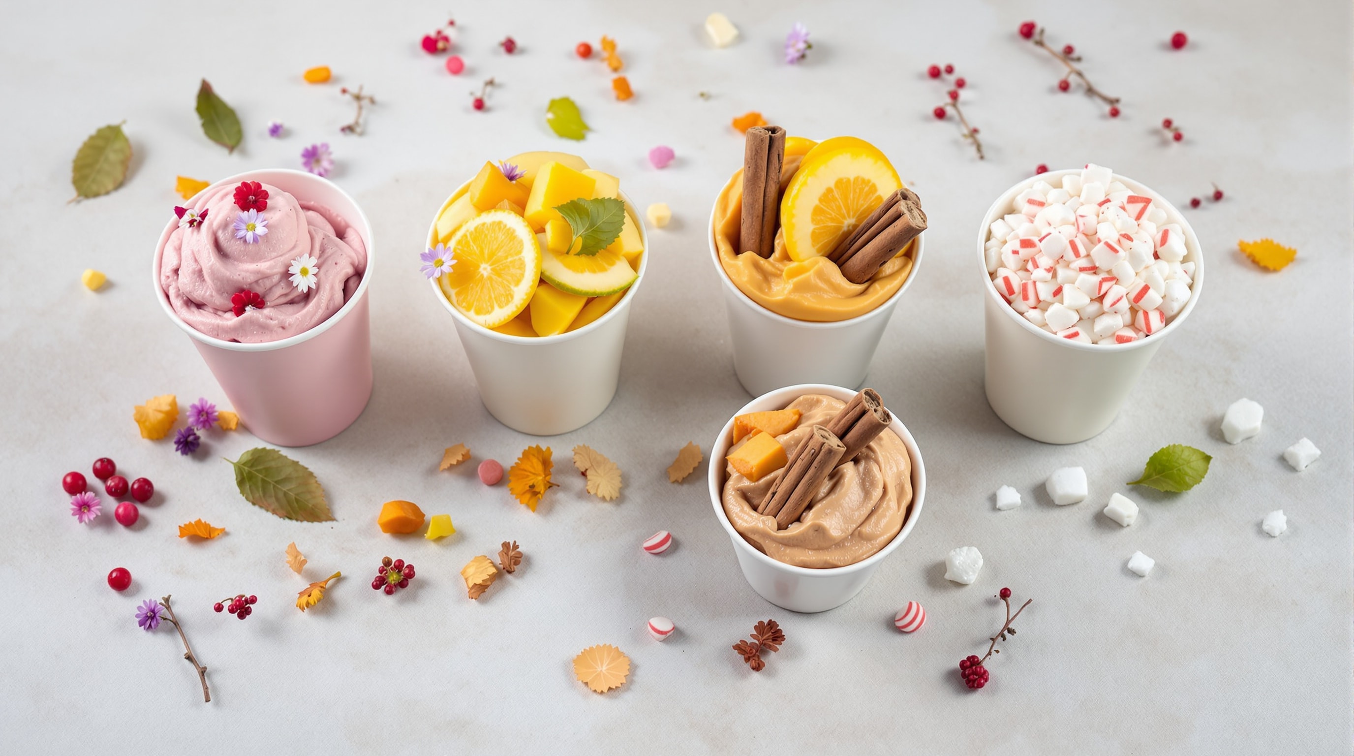 Four cups of frozen yogurt styled for spring, summer, autumn and winter