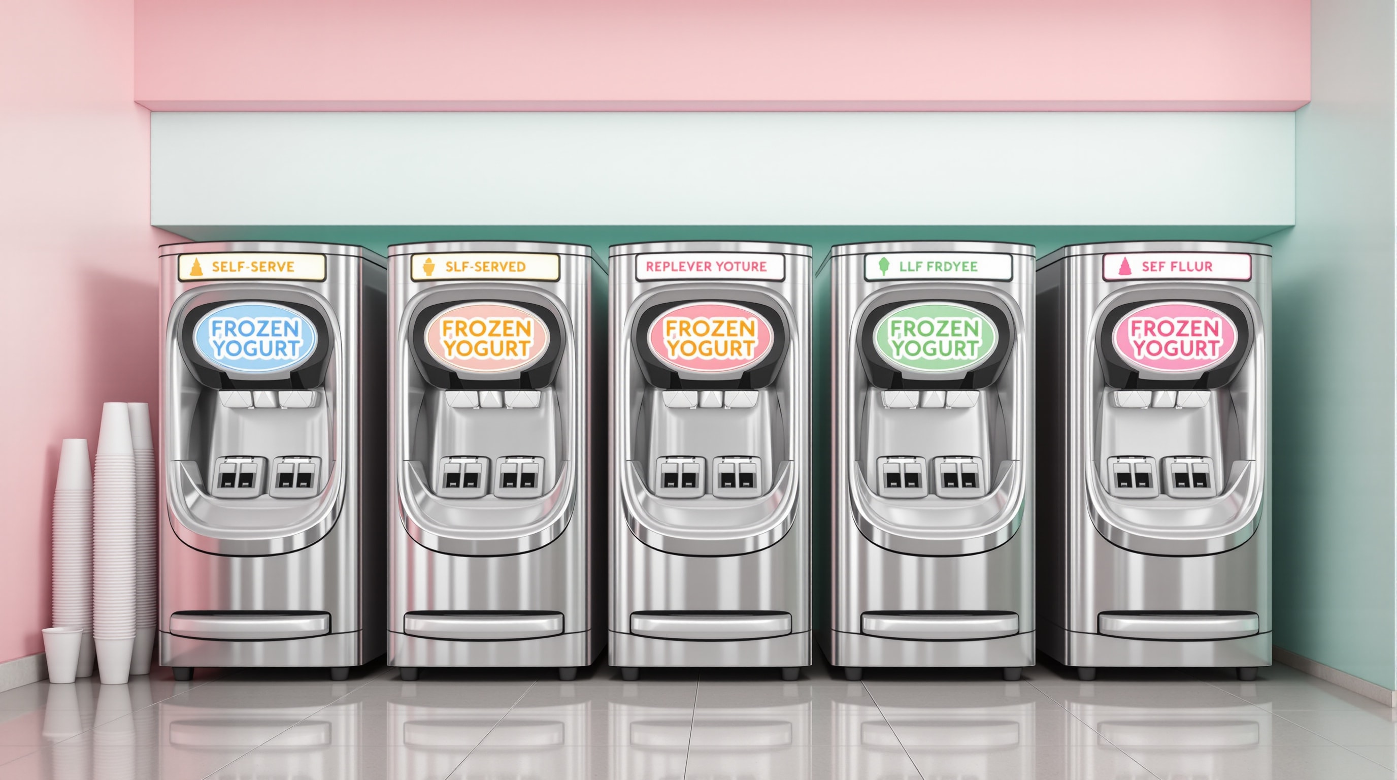 A row of self-serve frozen yogurt dispensing machines in a bright shop