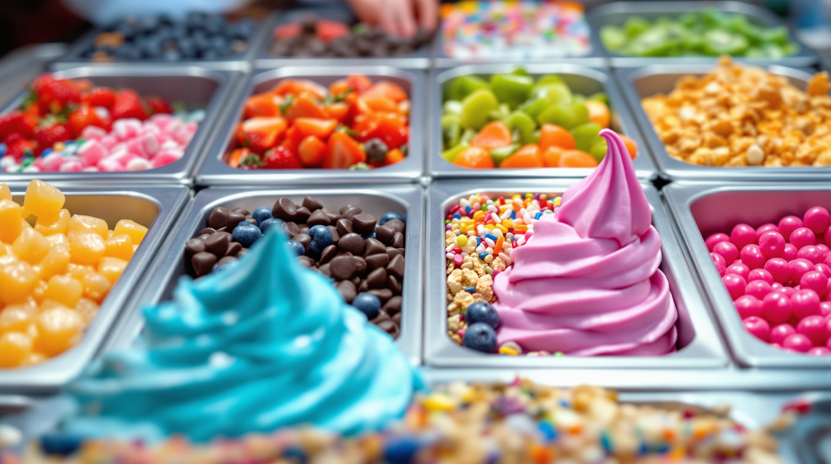 A close-up of a frozen yogurt toppings bar with fruit, candy and granola in bins