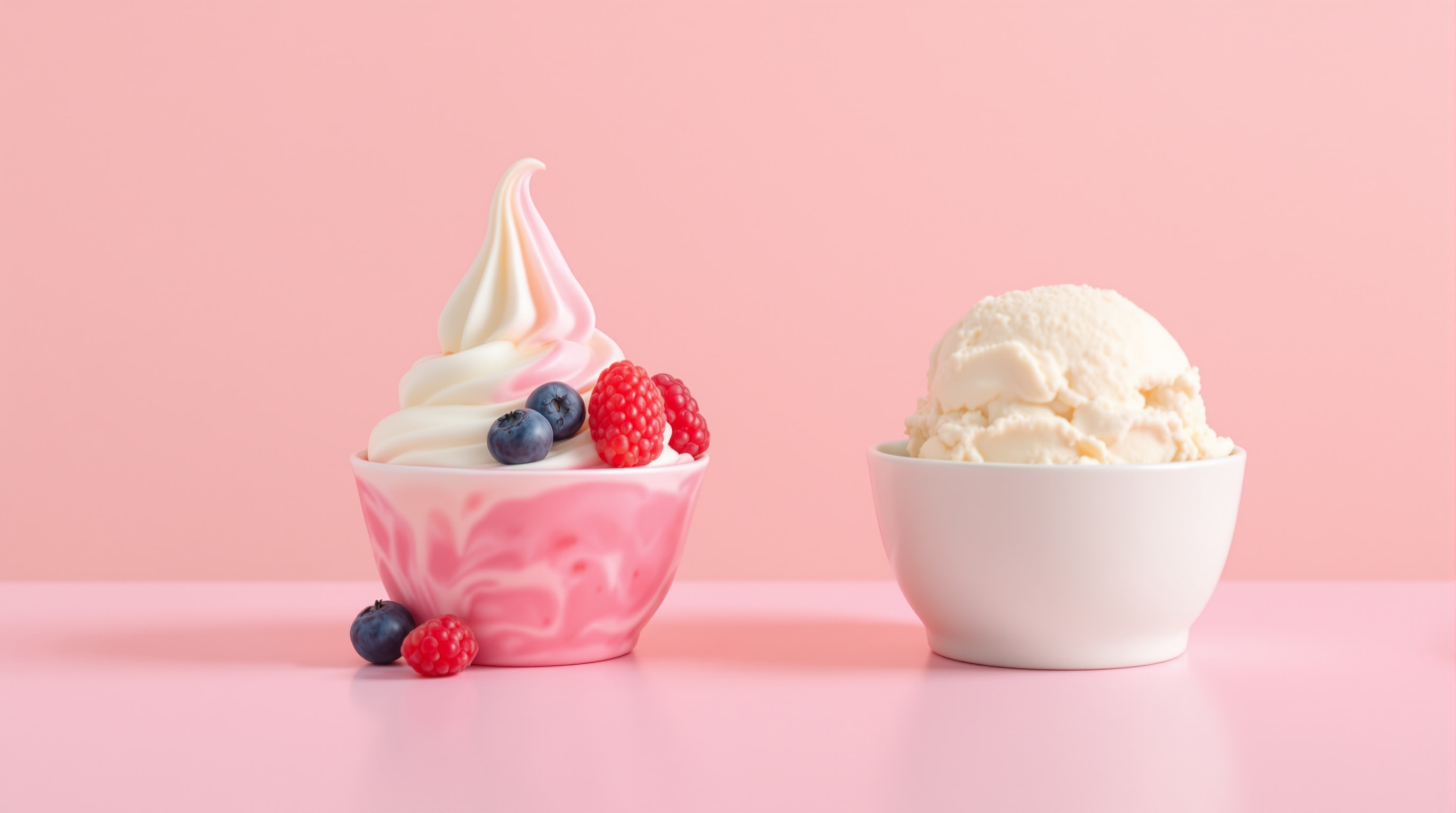 A cup of frozen yogurt beside a scoop of ice cream, compared side by side